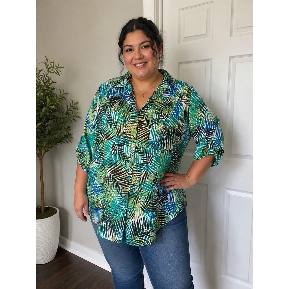 Tropical Palm Leaf Print Short Sleeve Button Down Shirt Green Blue XL